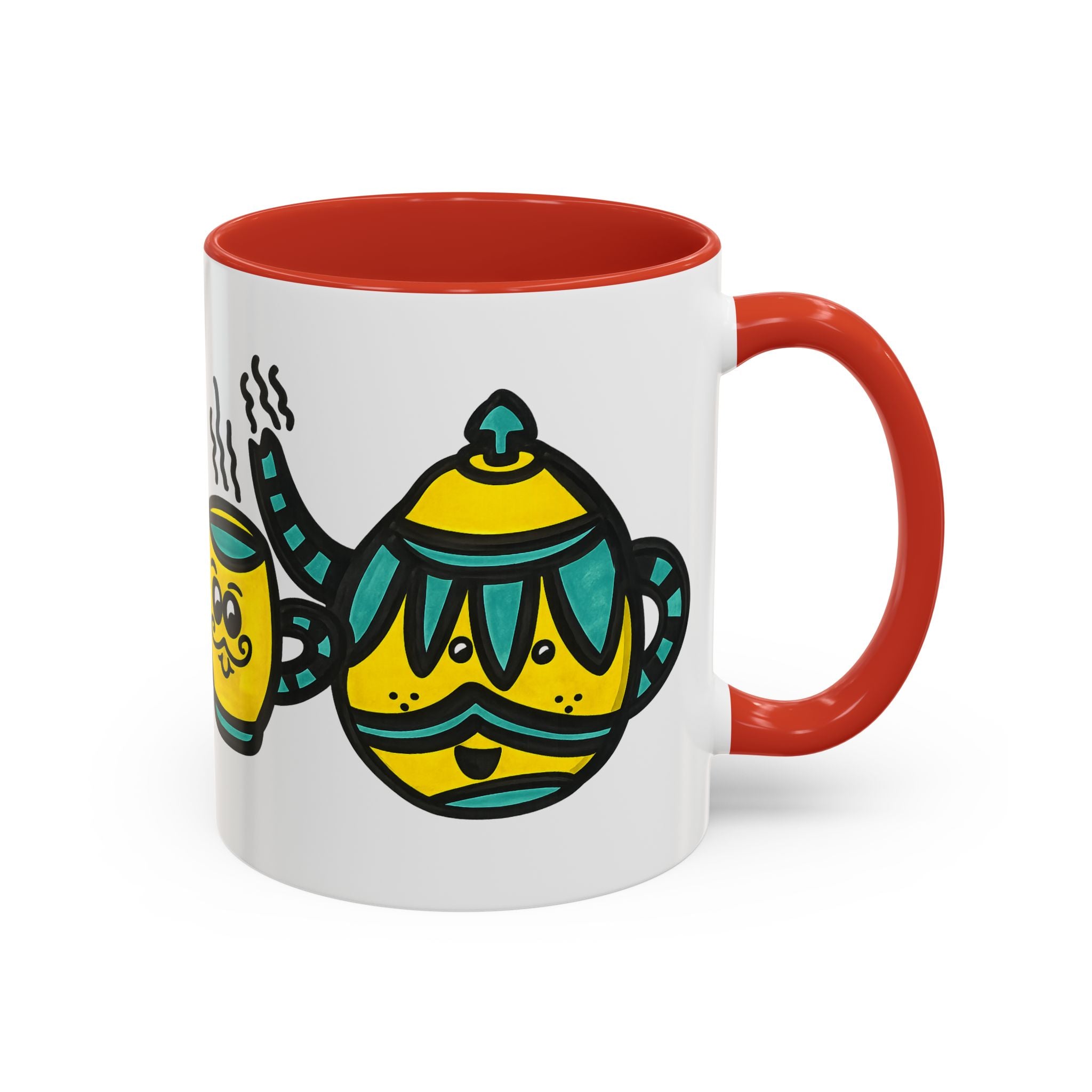 Hand-Drawn Yellow and Teal Mustache Teapot and Smiling Cup Mug | Accent Coffee Mug