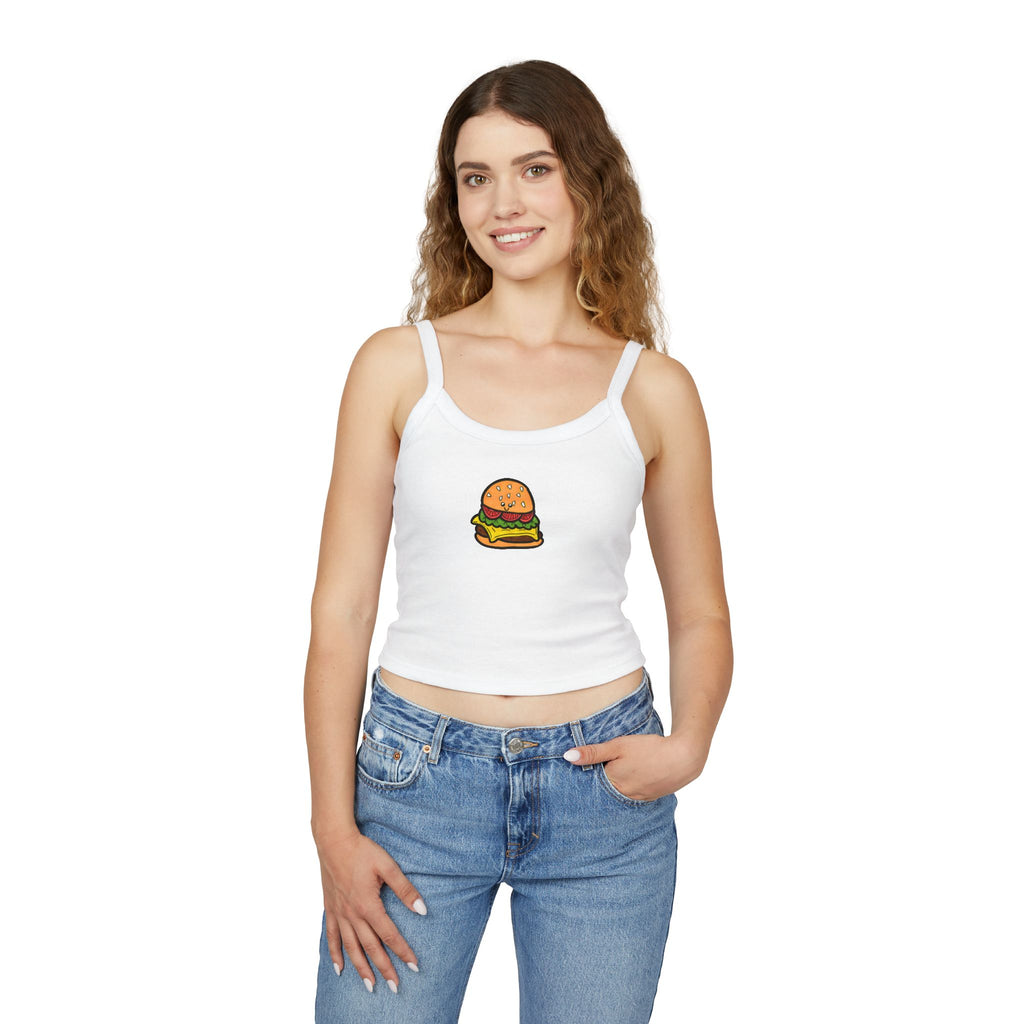 Hand-Drawn Cute Cheeseburger Graphic Tank Top | Food Cartoon Spaghetti Strap