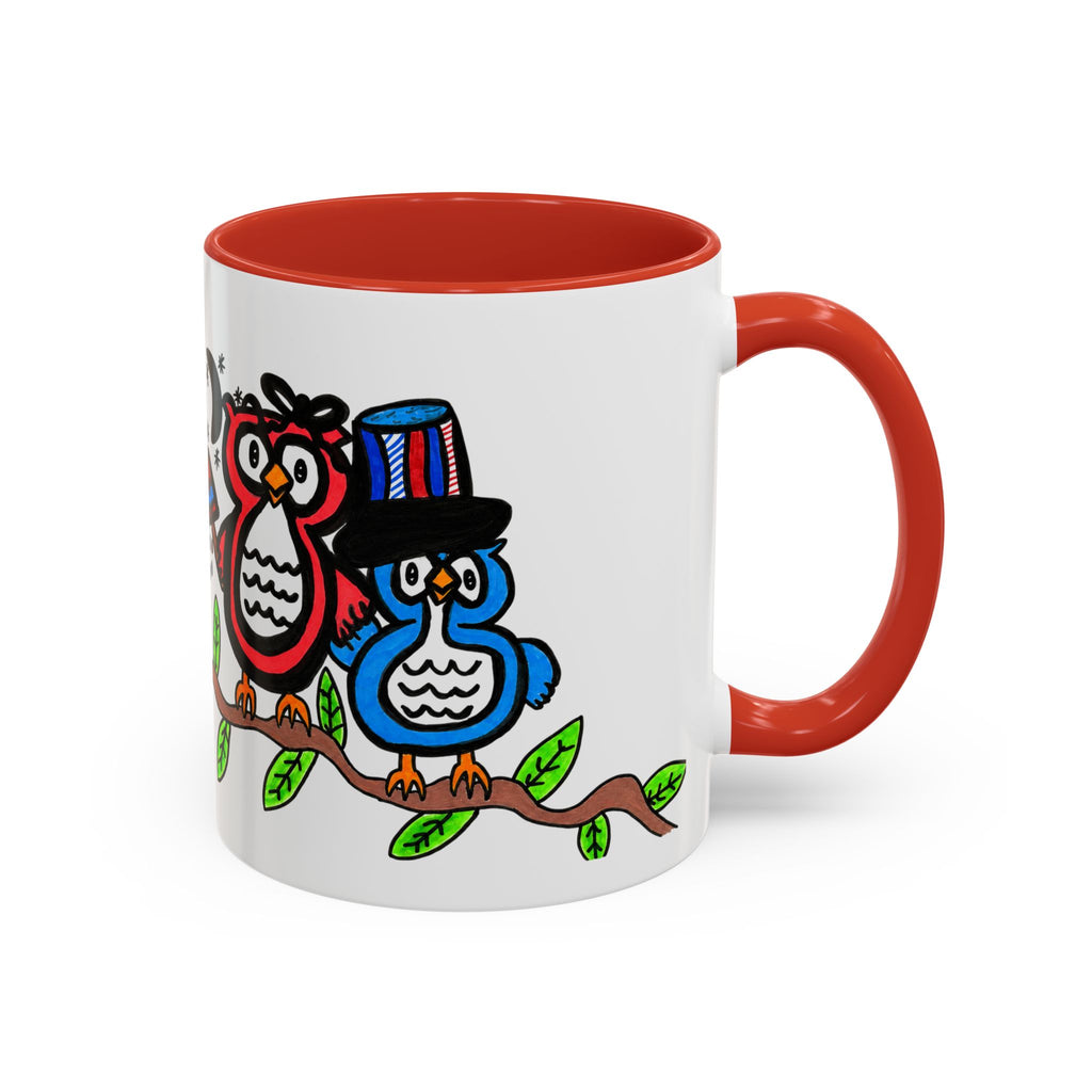 Hand-Drawn Patriotic Owls on a Branch Mug | Accent Coffee Mug 11oz 15oz