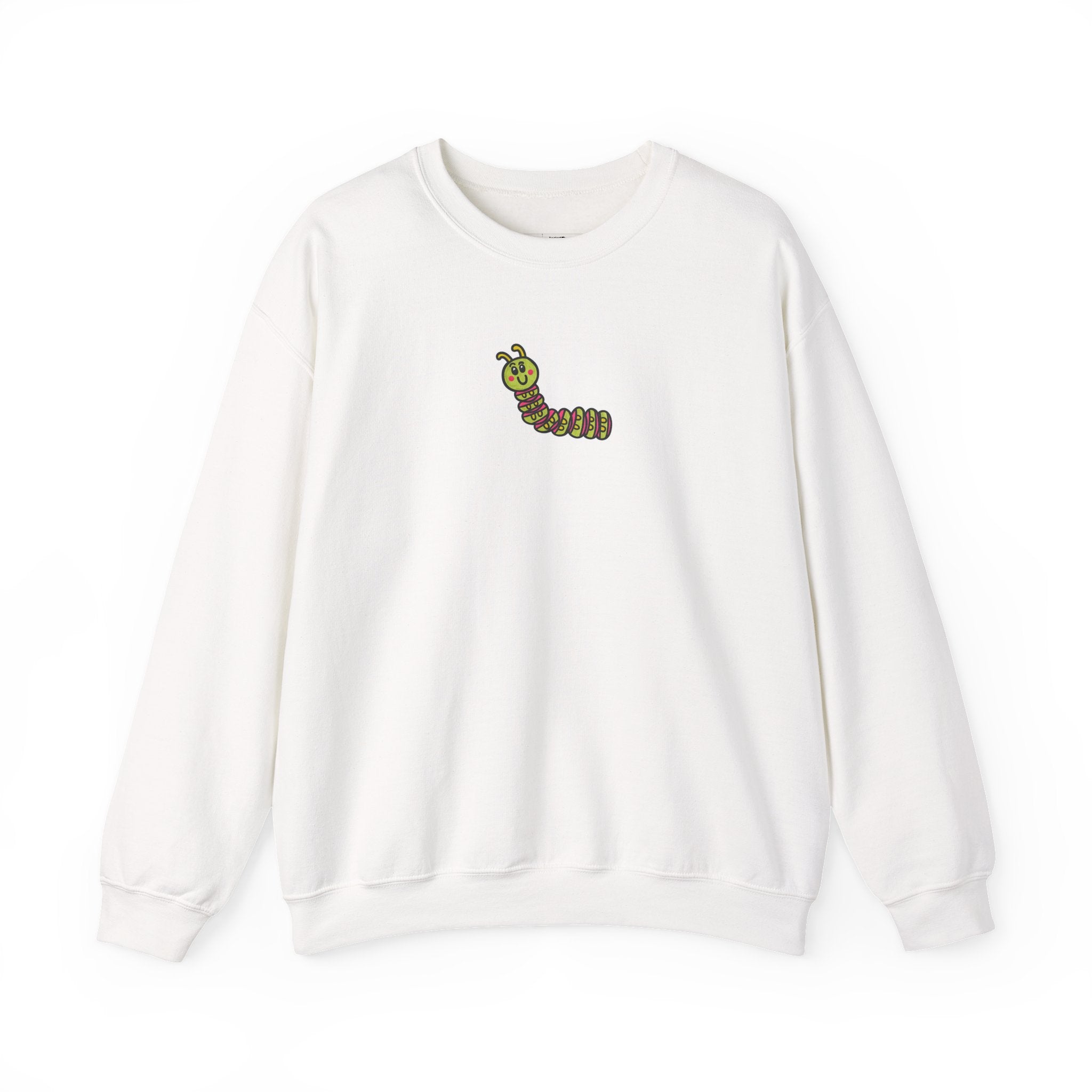 Hand-Drawn Green Cartoon Caterpillar Crewneck Sweatshirt | Small Chest Graphic