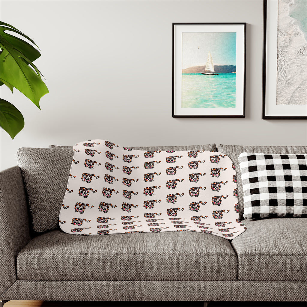 Hand-Drawn Cute Patterned Cat Sherpa Blanket | Cream Repeat Illustration