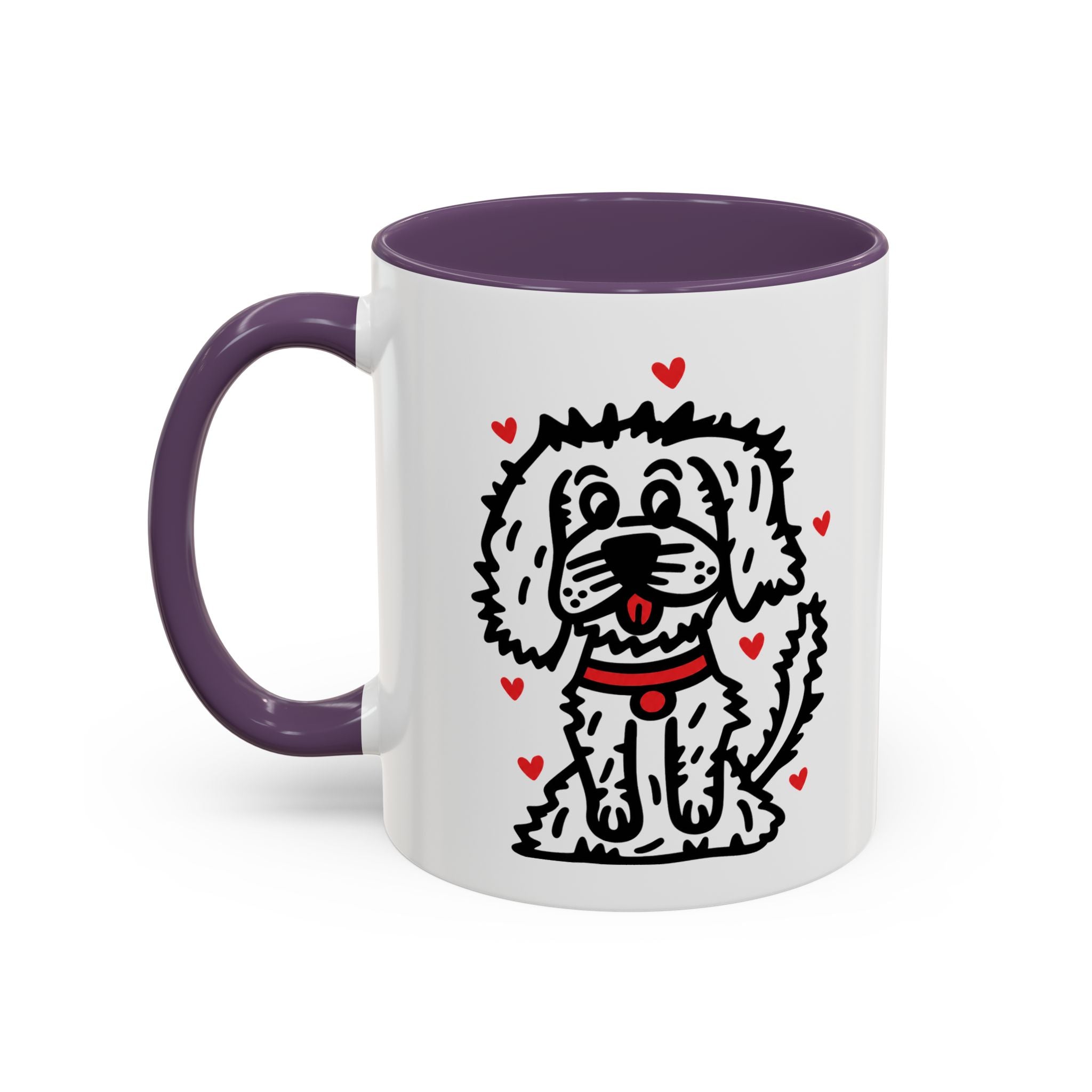 Hand-Drawn Fluffy Dog Red Collar Accent Coffee Mug | White Dog Illustration