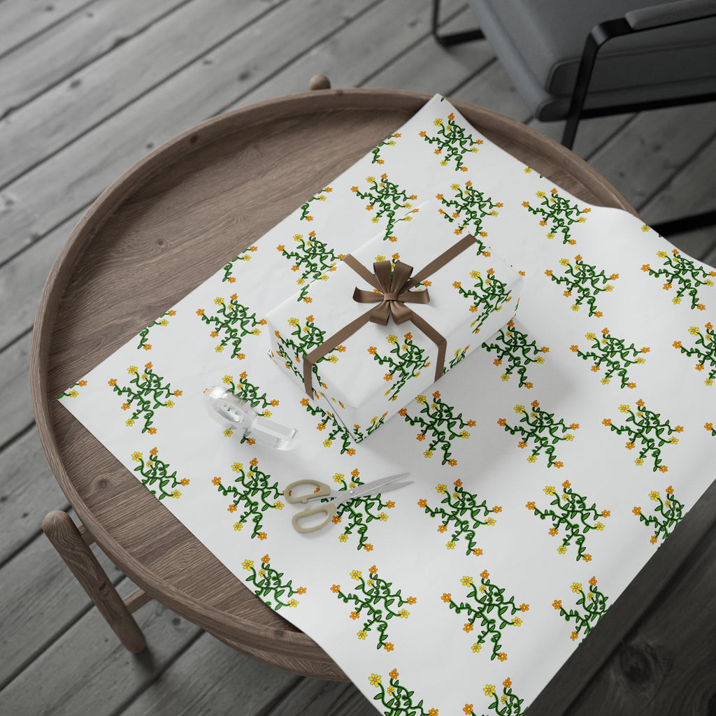 Hand-Drawn Yellow Orange Pink Flowers on Green Vine Wrapping Papers