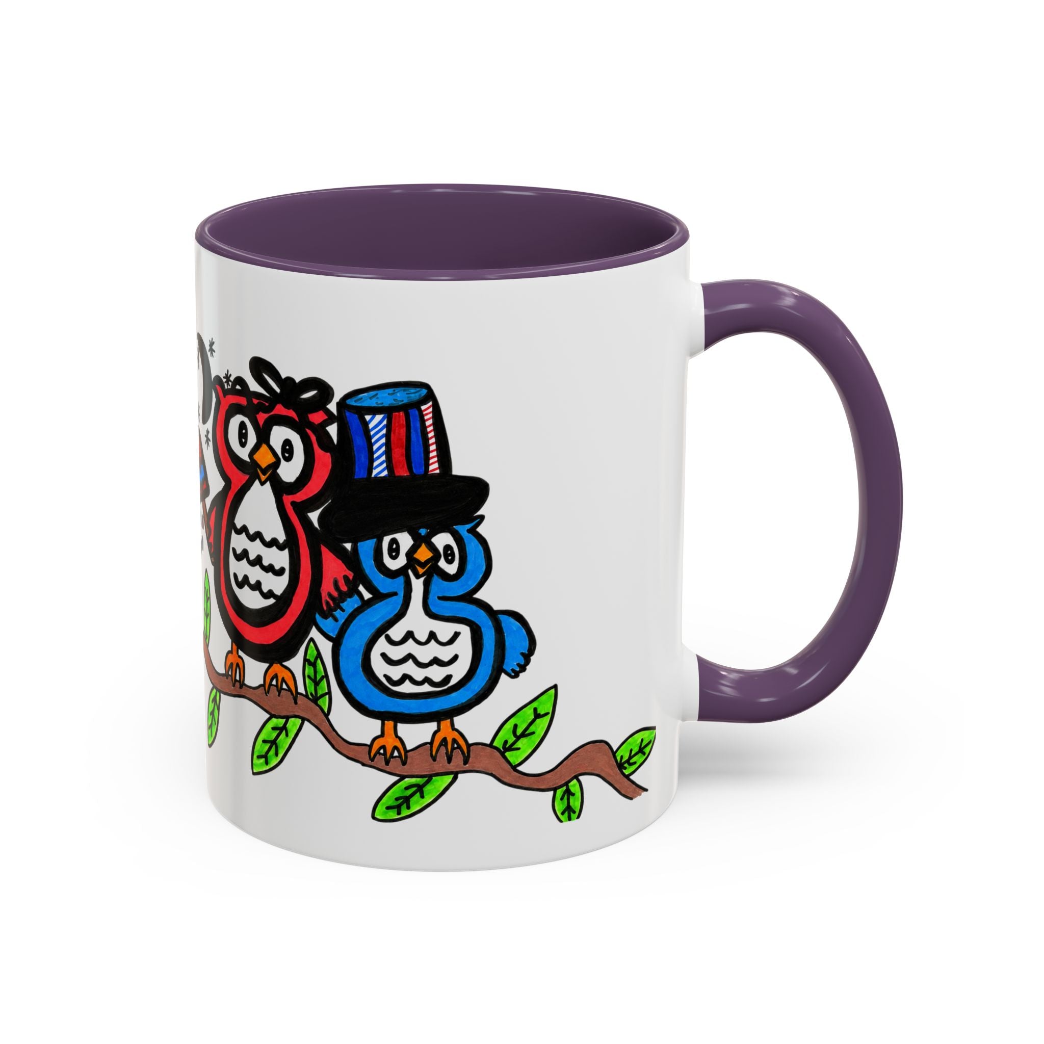 Hand-Drawn Patriotic Owls on a Branch Mug | Accent Coffee Mug 11oz 15oz