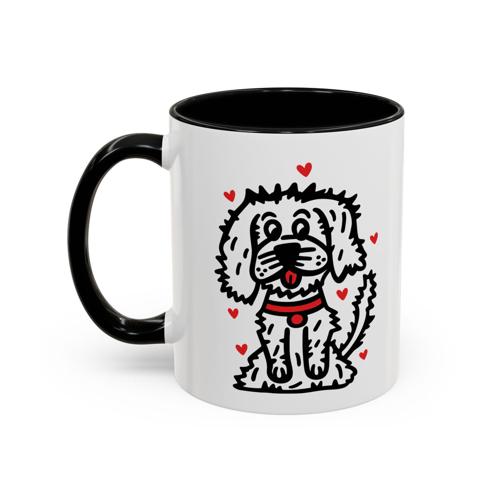 Hand-Drawn Fluffy Dog Red Collar Accent Coffee Mug | White Dog Illustration