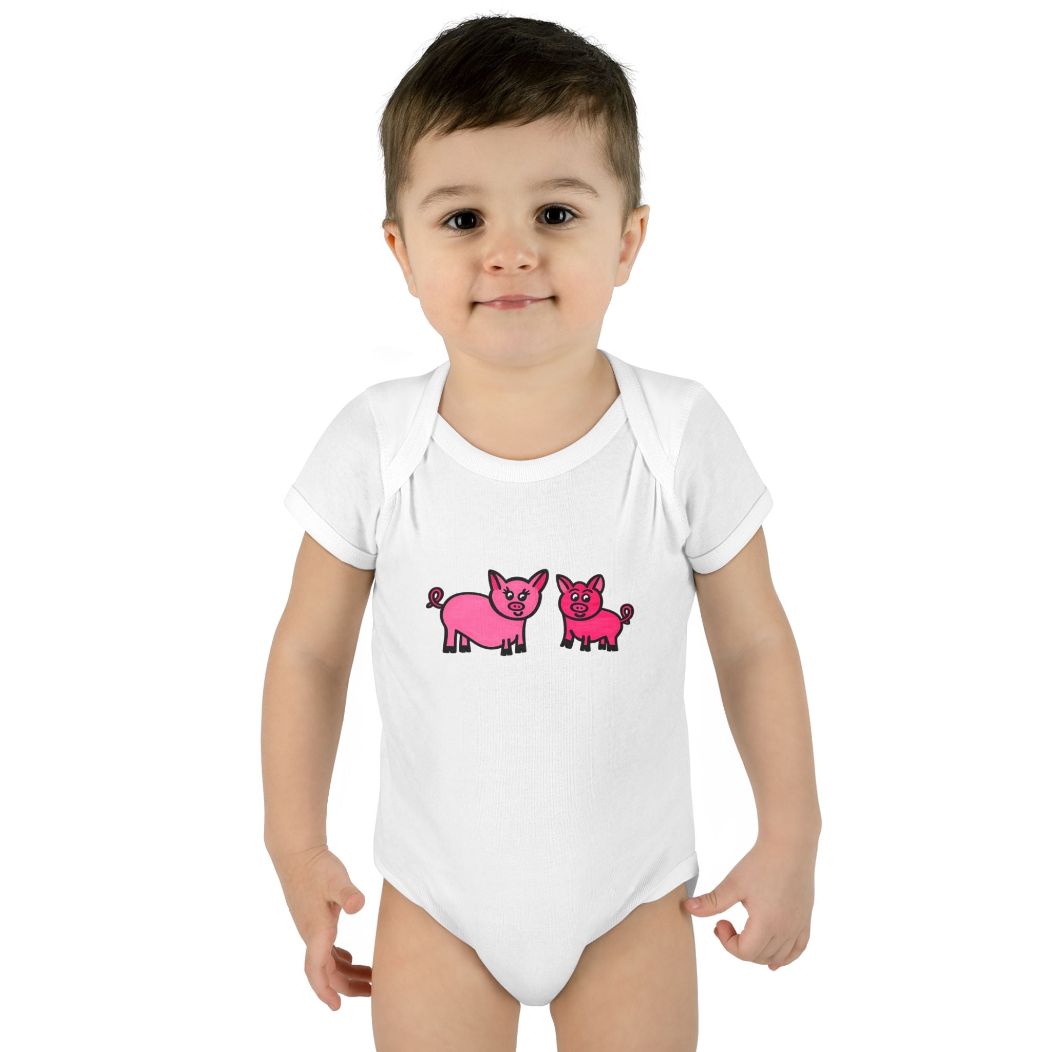 Hand-Drawn Pink Piglet Duo Infant Bodysuit | Cute Farm Animal Baby Onesie
