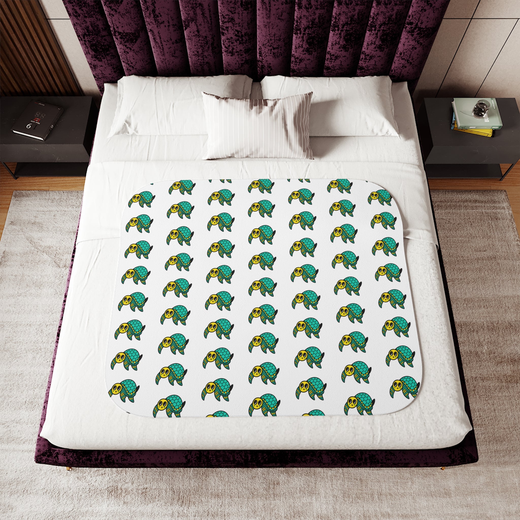 Hand-Drawn Green and Yellow Turtle Pattern Sherpa Blanket | Repeating Sea Turtle Design, Cozy Ocean Throw