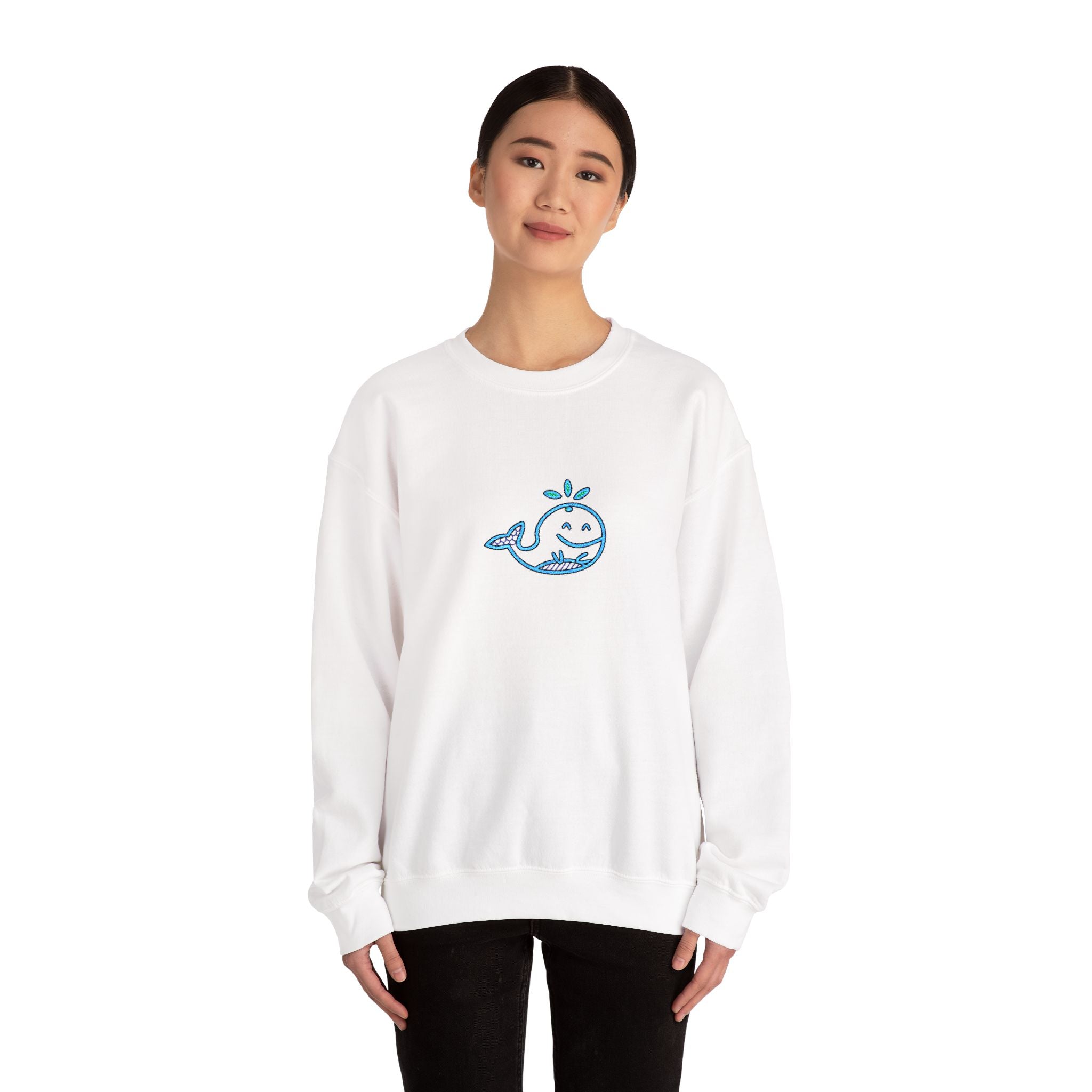 Hand-Drawn Smiling Whale Illustration Crewneck Sweatshirt | Cute Ocean Doodle