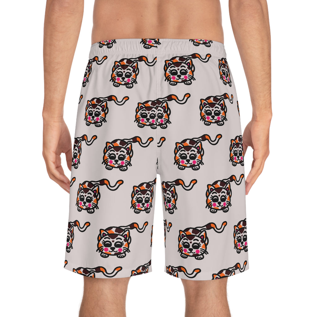 Hand-Drawn Cute Calico Cat Pattern Board Shorts | All-Over Print Swim Trunks