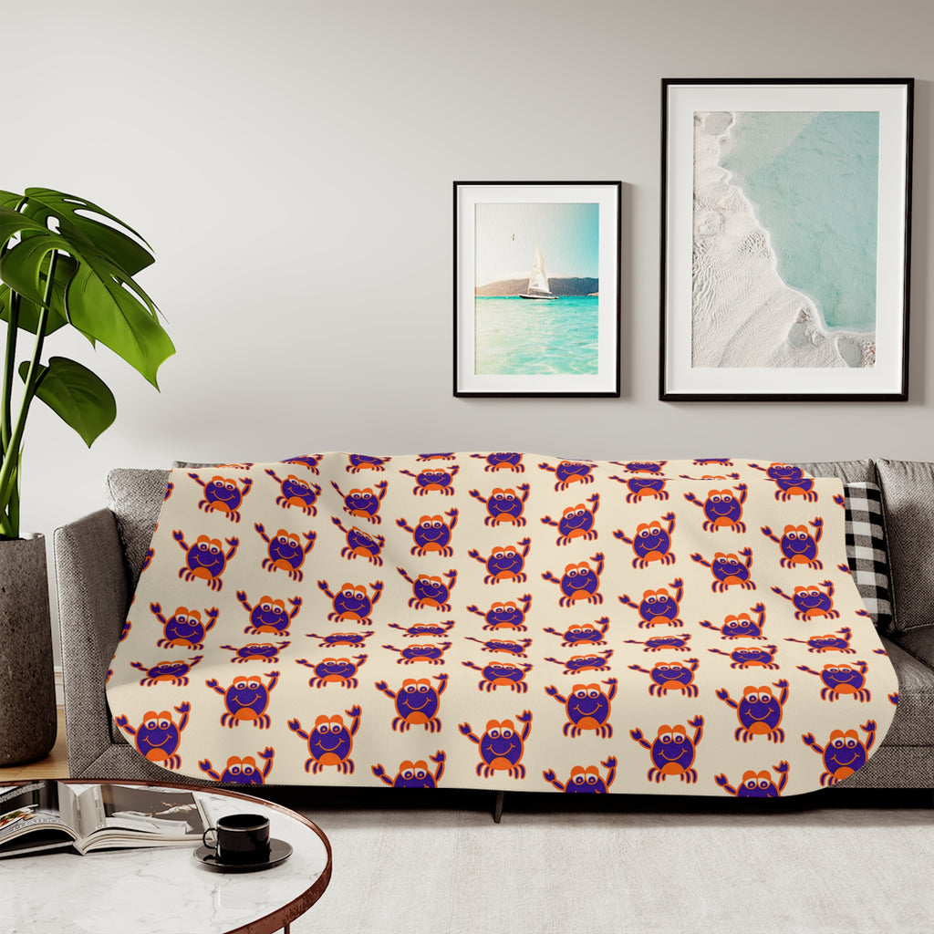 Hand-Drawn Purple Red Crab Pattern Sherpa Blanket | Coastal Nautical Beach Throw