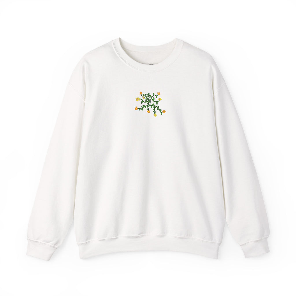 Hand-Drawn Yellow Orange Pink Flowers on Green Vine Sweatshirt