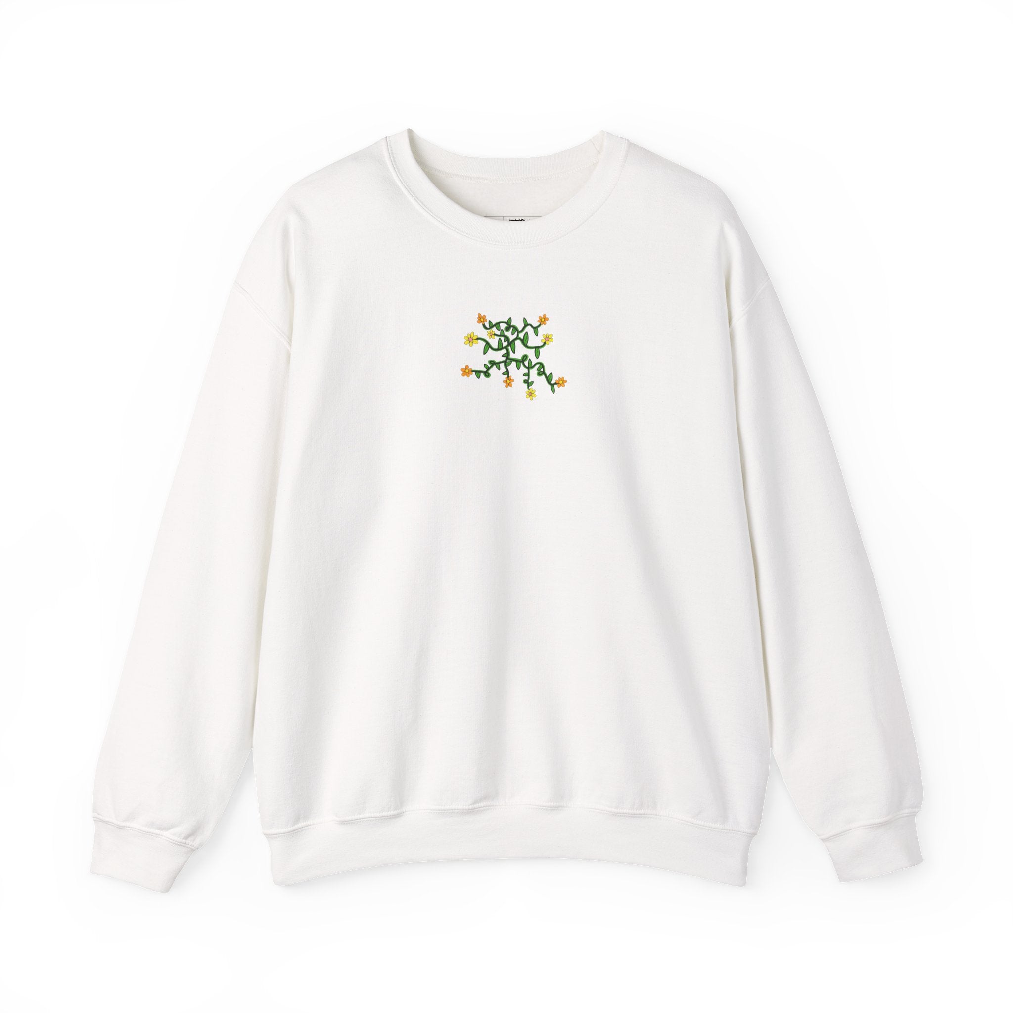 Hand-Drawn Yellow Orange Pink Flowers on Green Vine Sweatshirt