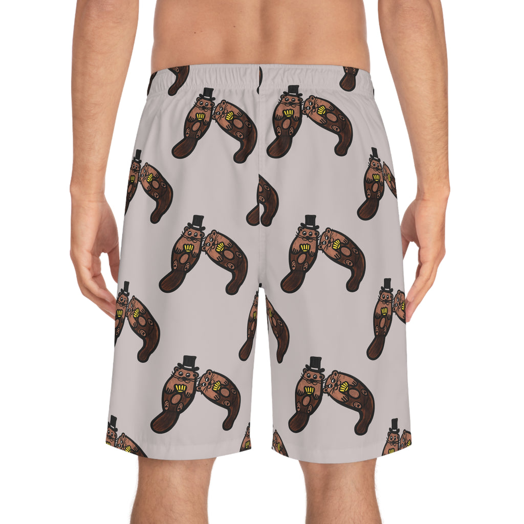 Hand-Drawn Otter Holding Yellow Seashell Pattern Board Shorts