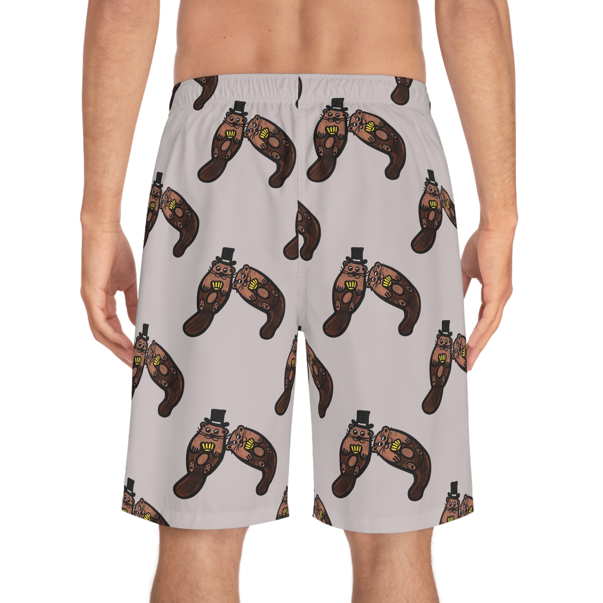 Hand-Drawn Otter Holding Yellow Seashell Pattern Board Shorts