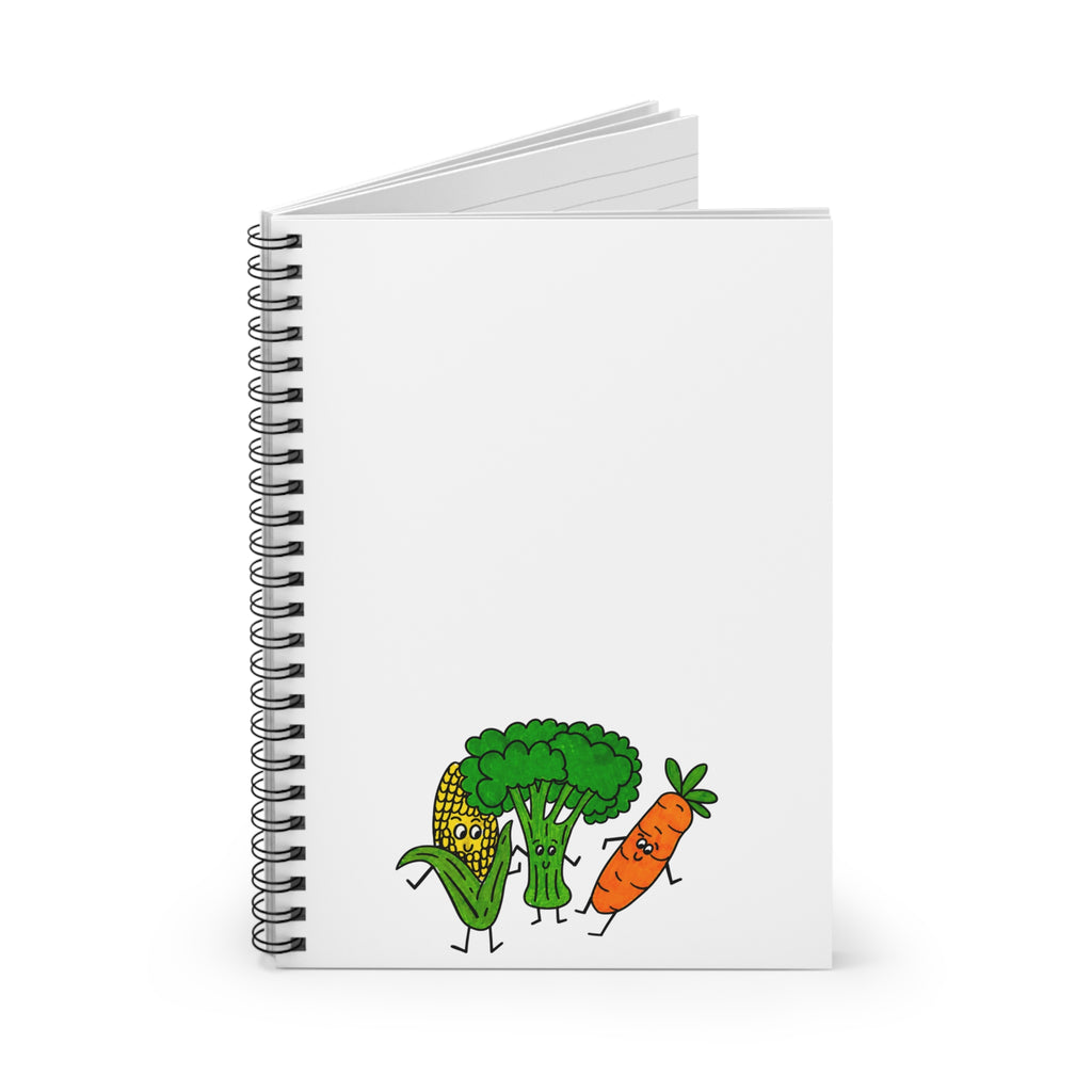 Hand-Drawn Dancing Veggies Spiral Notebook | Corn Broccoli Carrot Ruled Journal