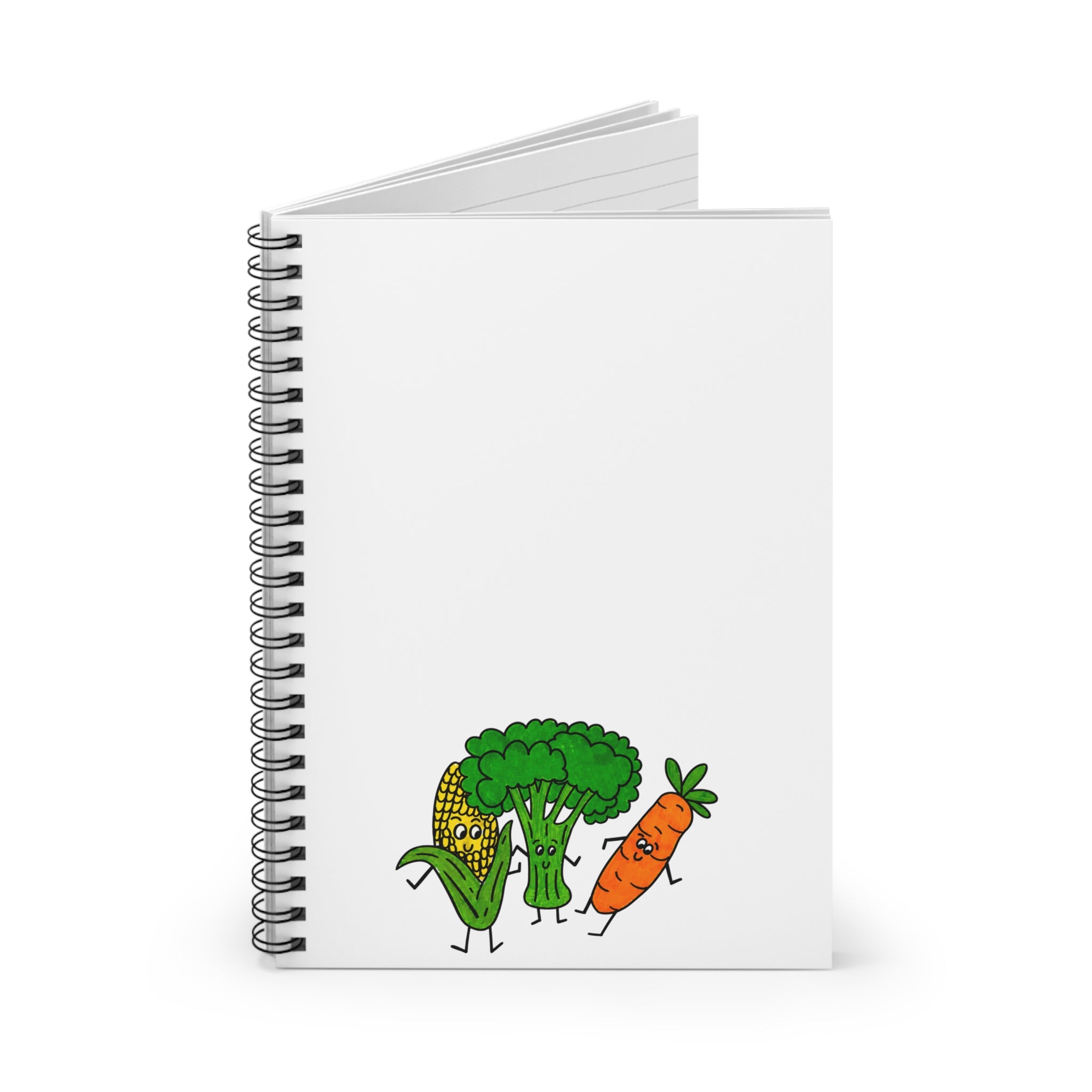 Hand-Drawn Dancing Veggies Spiral Notebook | Corn Broccoli Carrot Ruled Journal