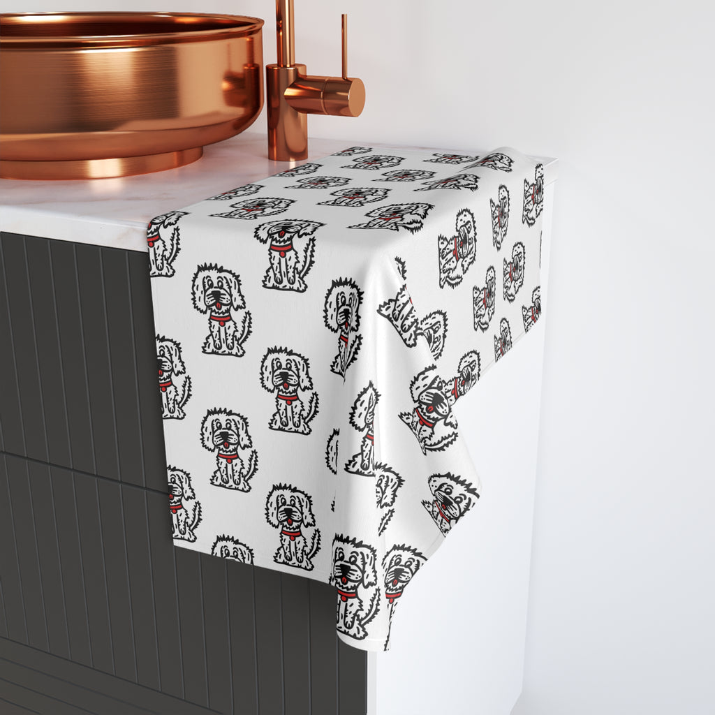 Hand-Drawn Cartoon Fluffy White Dog with Red Collar Pattern Hand Towel | Cute Dog Repeat Design
