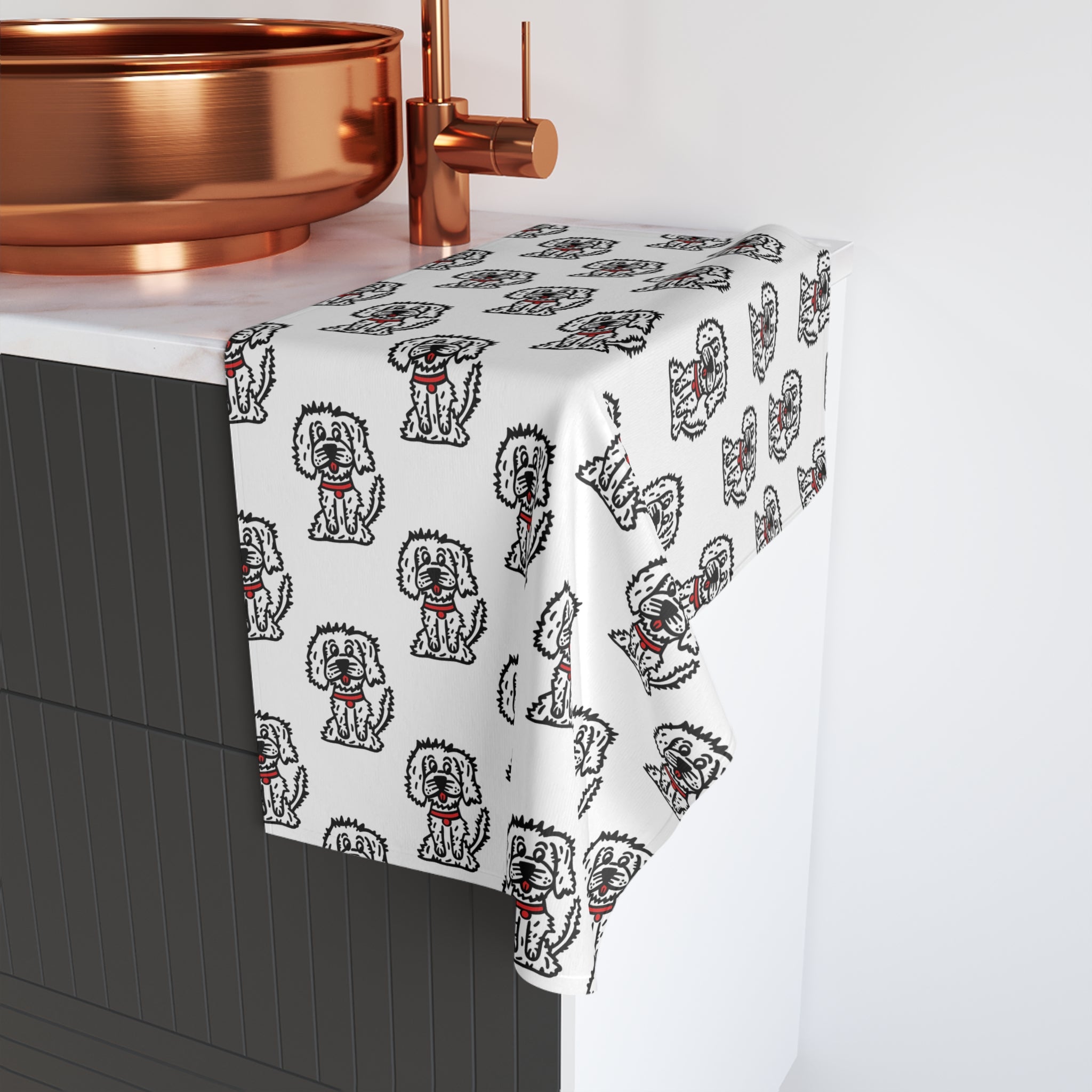 Hand-Drawn Cartoon Fluffy White Dog with Red Collar Pattern Hand Towel | Cute Dog Repeat Design