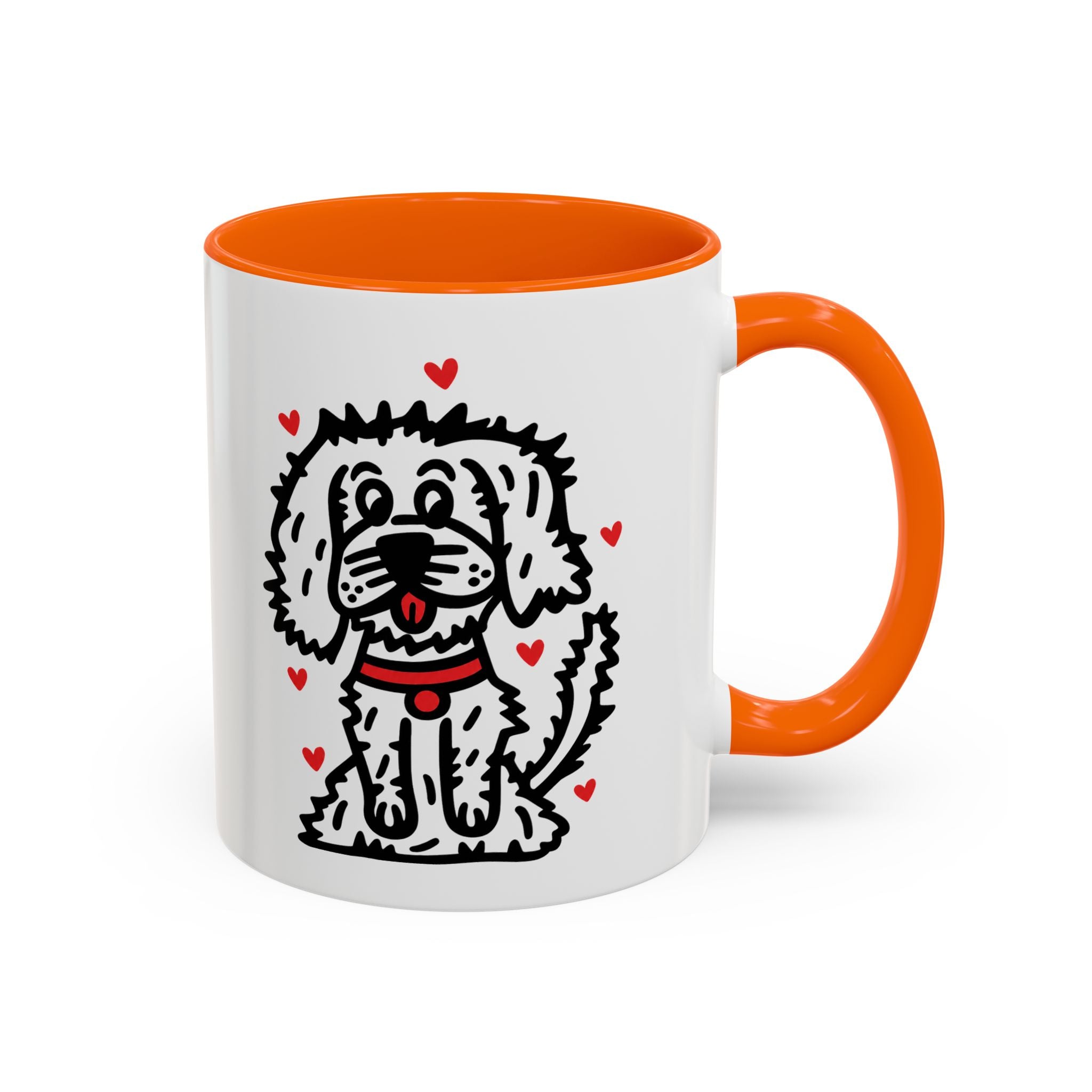 Hand-Drawn Fluffy Dog Red Collar Accent Coffee Mug | White Dog Illustration