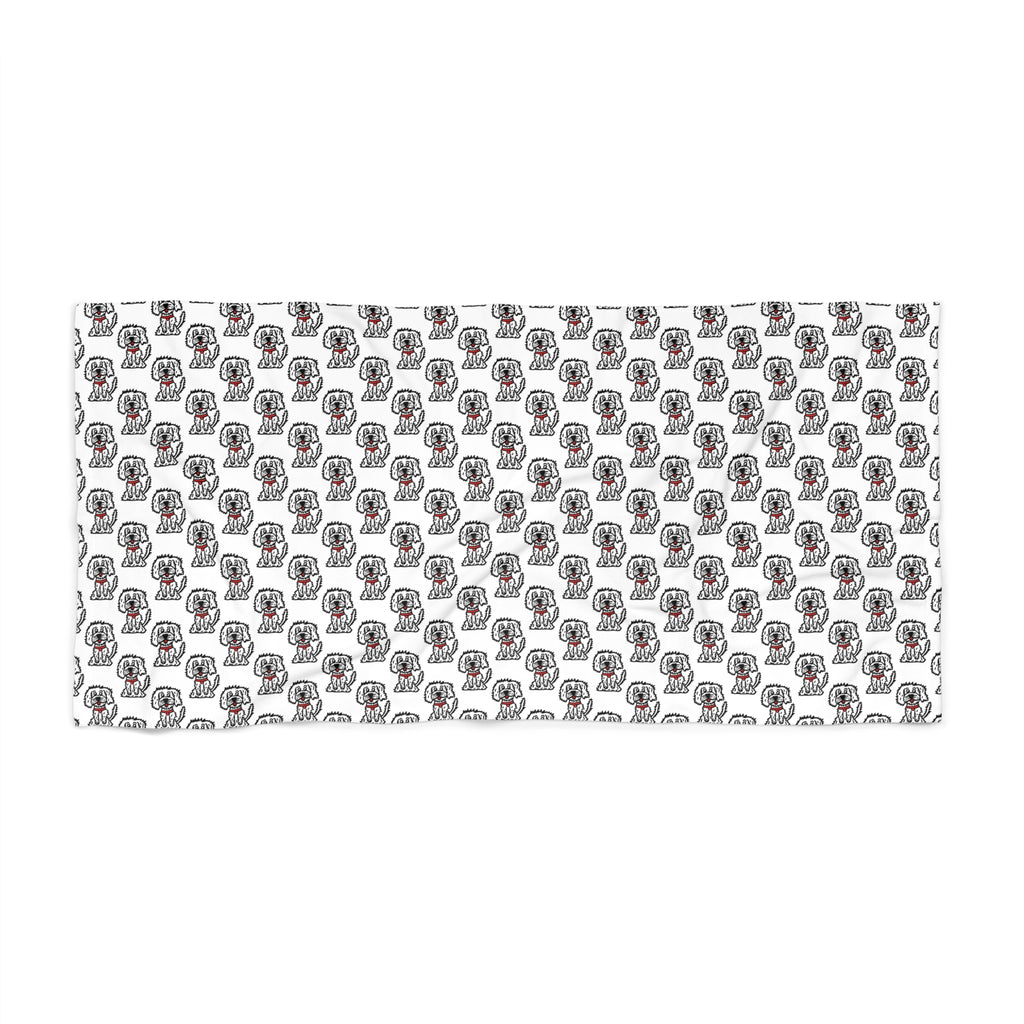 Hand-Drawn Cute Fluffy White Dog with Red Collar Beach Towel | Hand-Drawn Pup