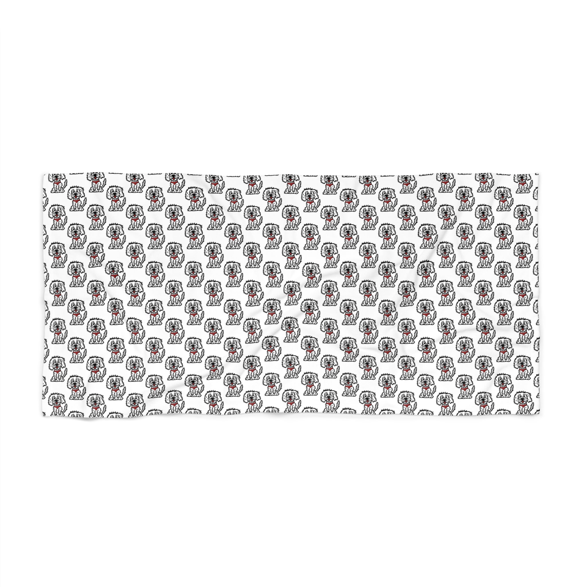 Hand-Drawn Cute Fluffy White Dog with Red Collar Beach Towel | Hand-Drawn Pup