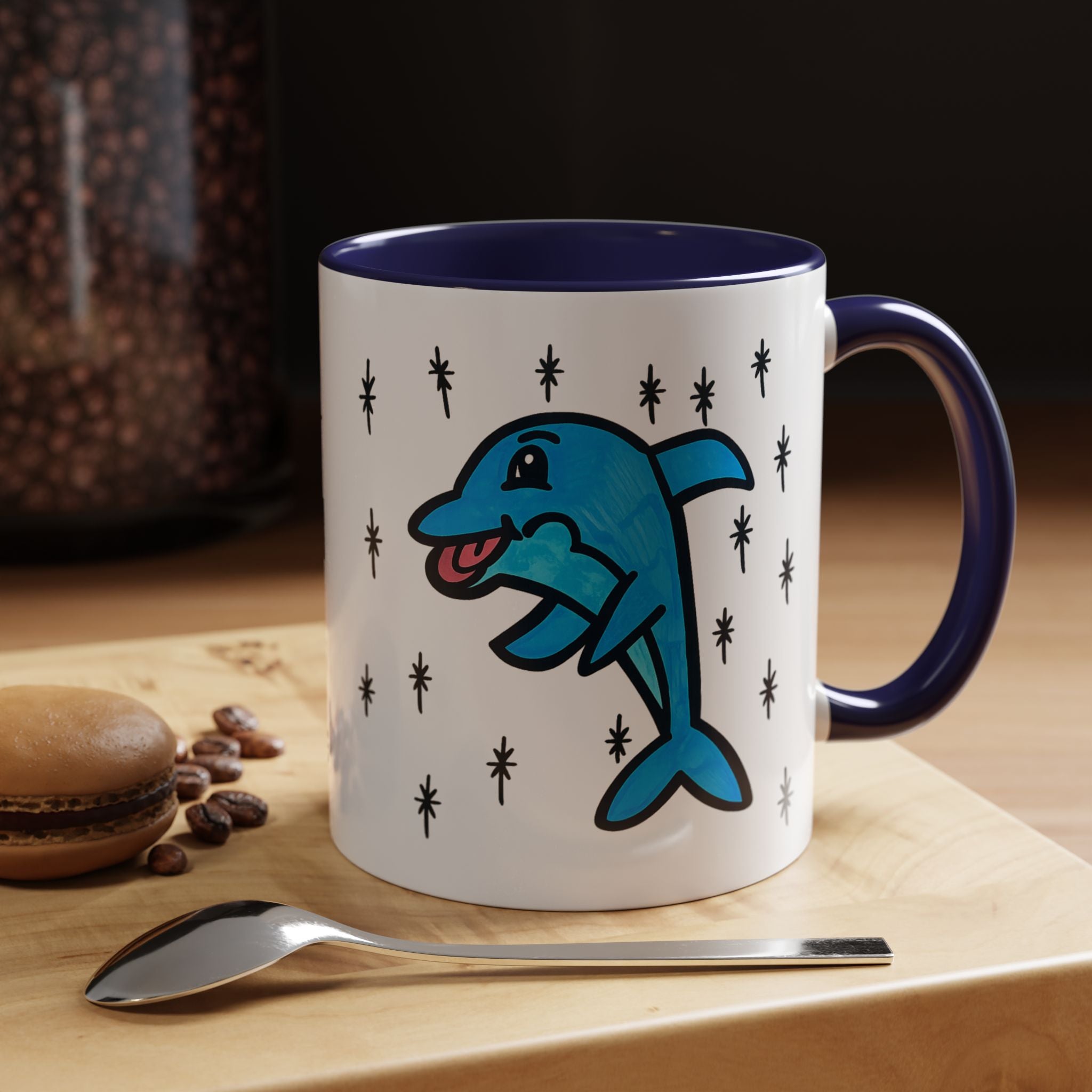 Hand-Drawn Cute Blue Dolphin Mug | Cartoon Dolphin Coffee Mug, Accent Inner Color