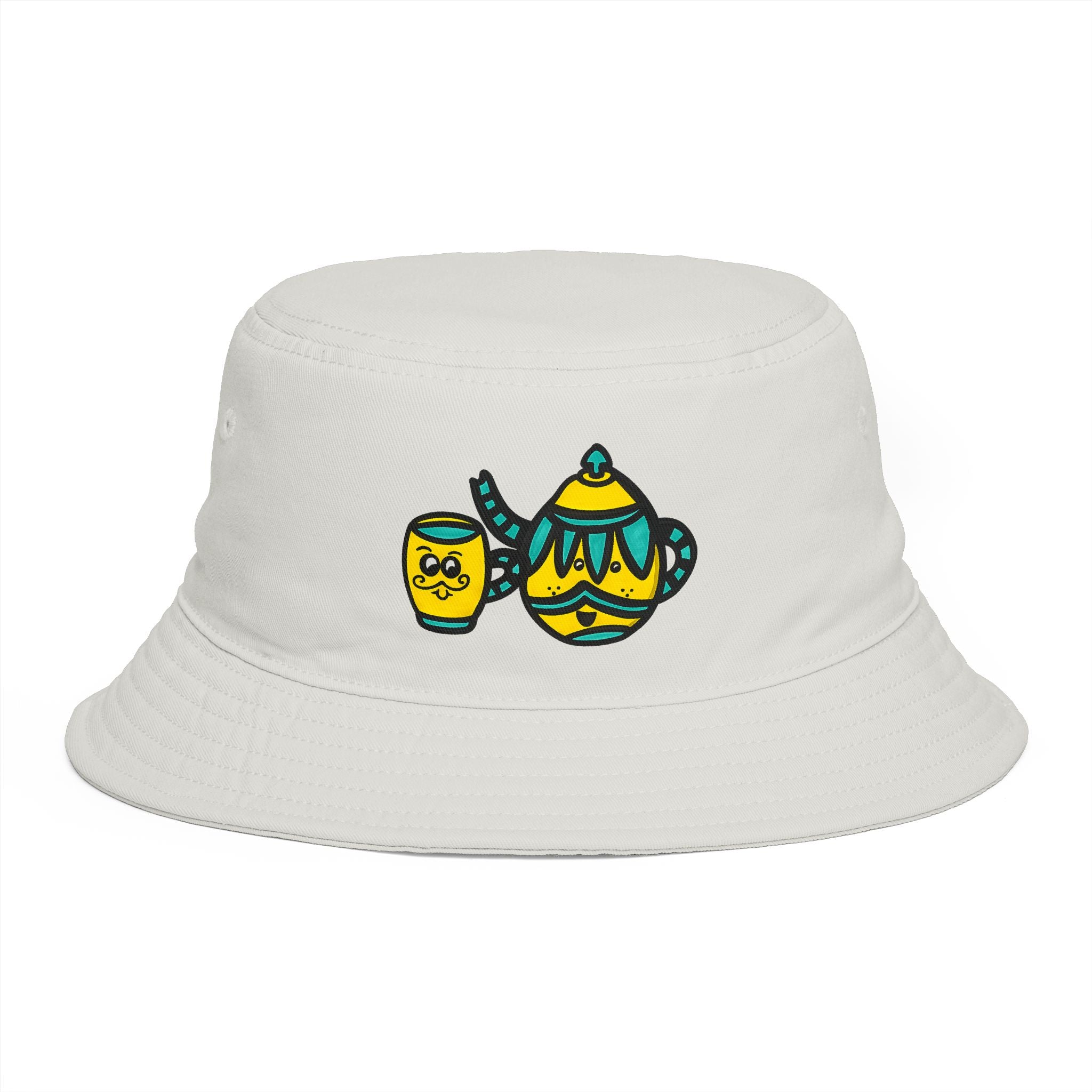 Hand-Drawn Yellow and Teal Mustache Teapot and Cup Illustration Bucket Hat | Yellow Teapot Whimsical Hat
