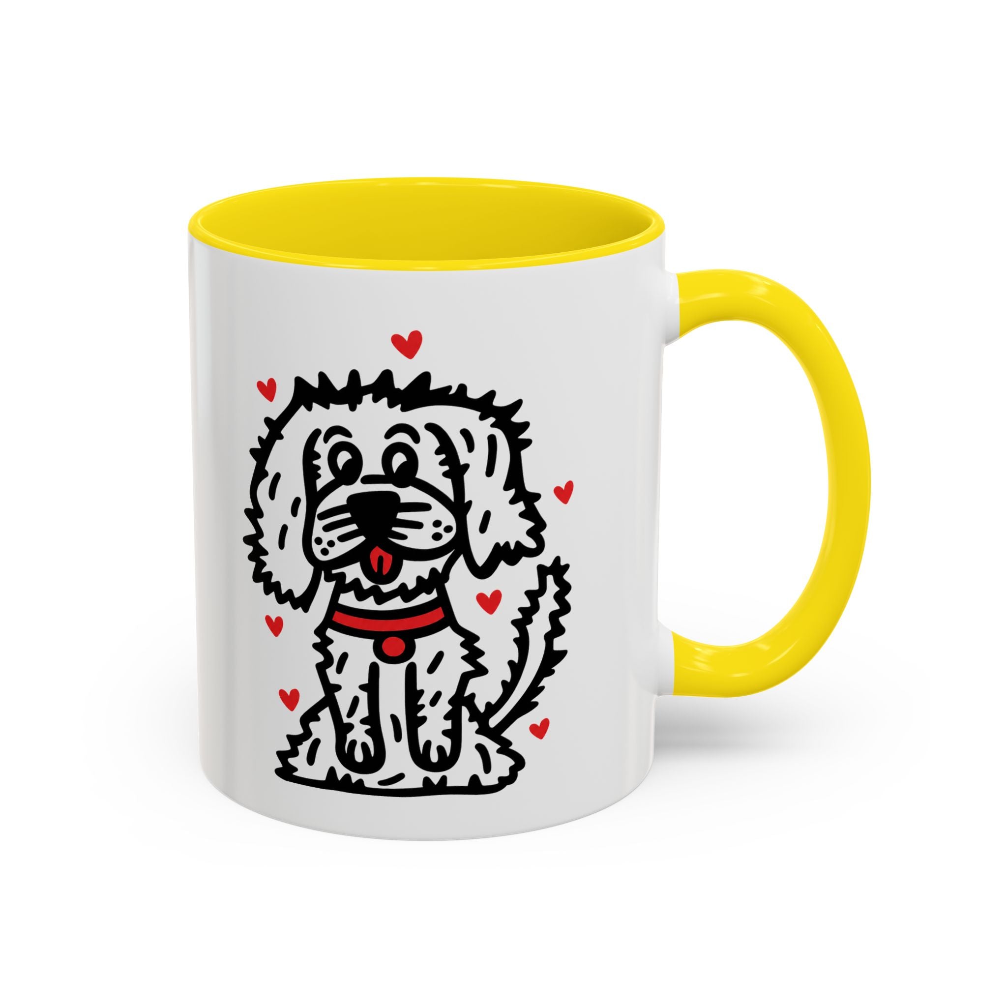 Hand-Drawn Fluffy Dog Red Collar Accent Coffee Mug | White Dog Illustration