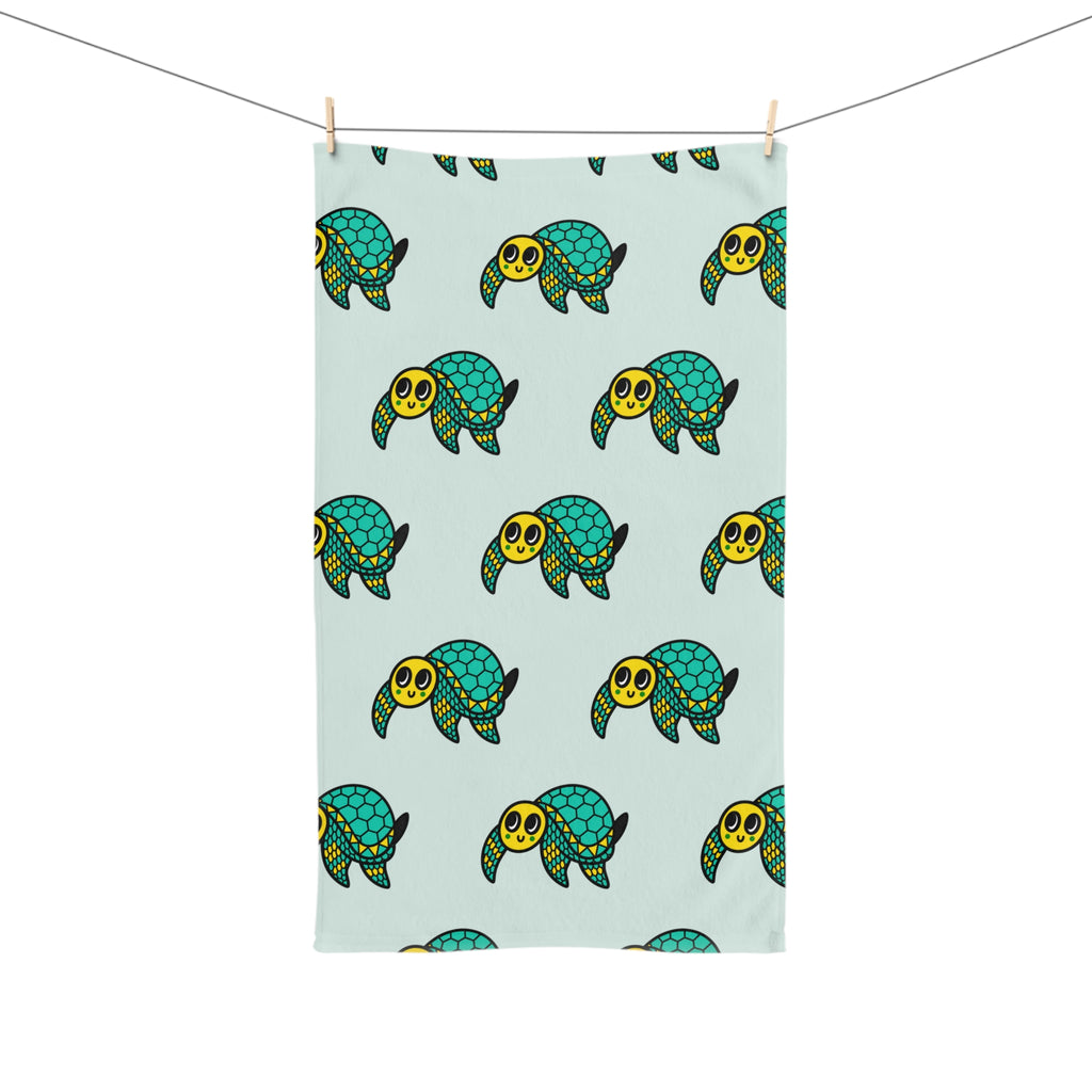 Hand-Drawn Cute Sea Turtle Hand Towel, Coastal Bathroom Decor, Whimsical Ocean Kitchen Towel, Turtle Tea Towel, Beach House Gift