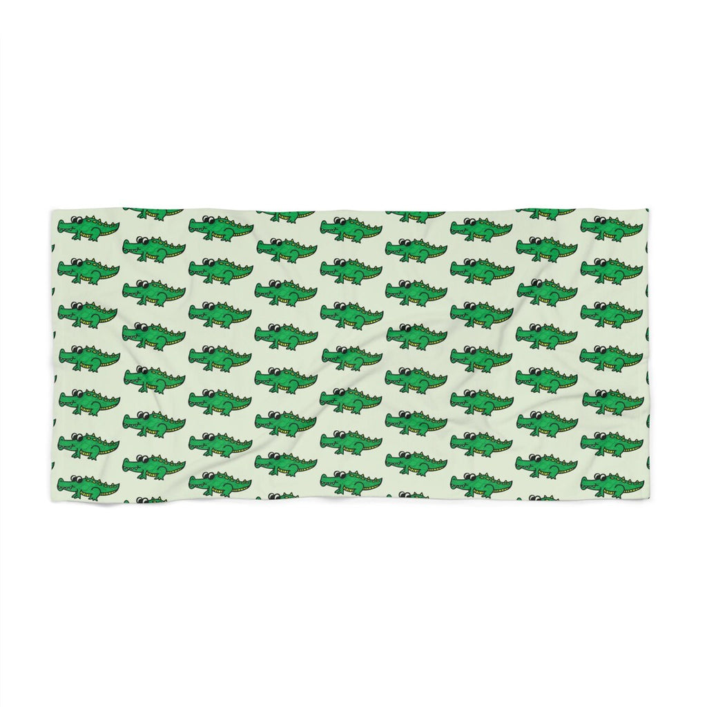 Hand-Drawn Green Crocodile Pattern Beach Towel | Tropical Alligator Repeat