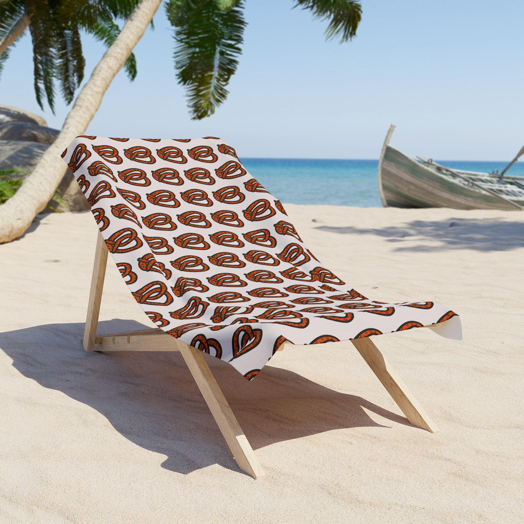 Hand-Drawn Pretzel Pattern Beach Towel | Brown Snack Print, Summer Pool Towel